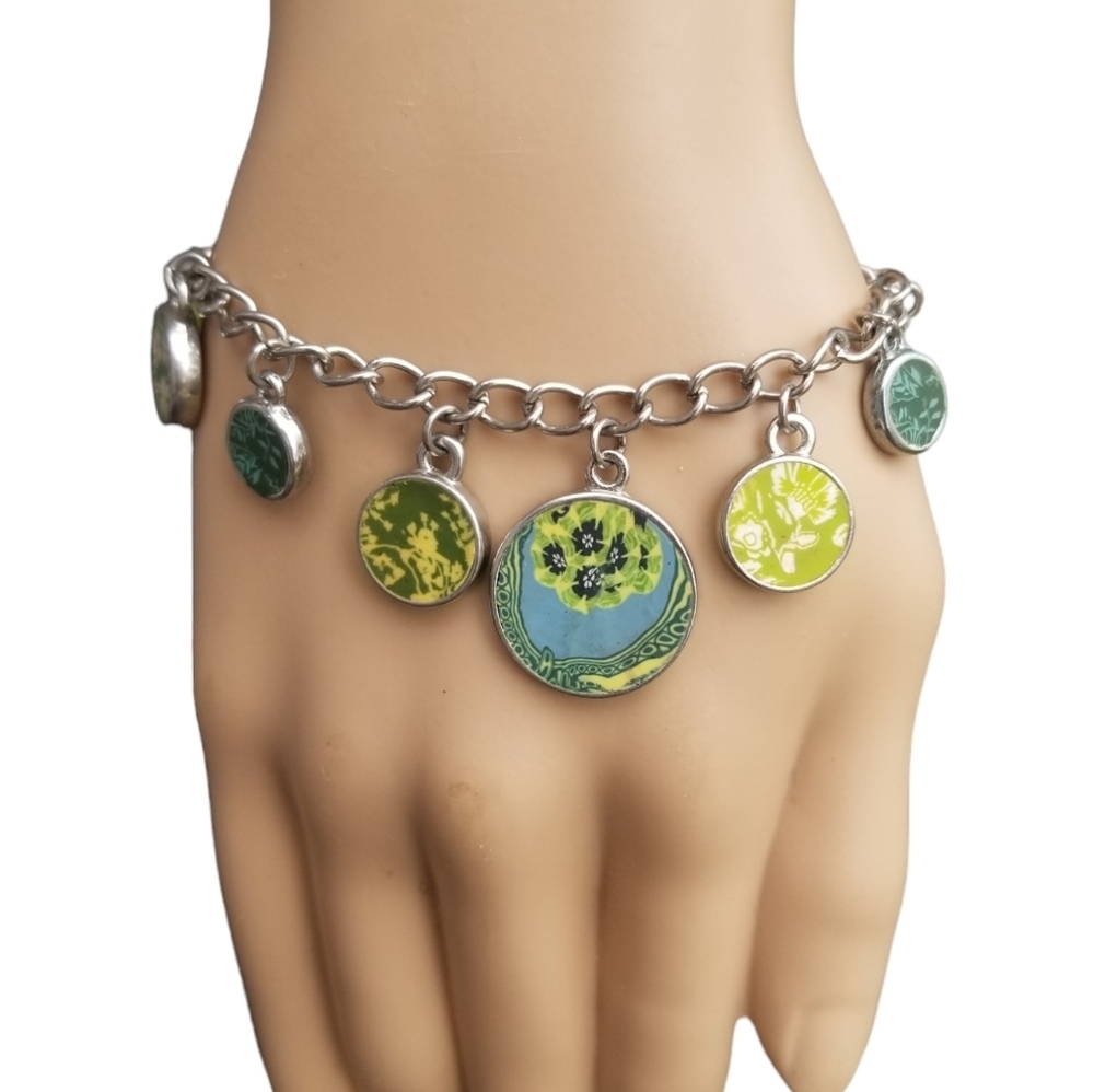 Viva Beads Handmade Polymer Clay Charm Bracelet | Green & Blue Floral Botanical